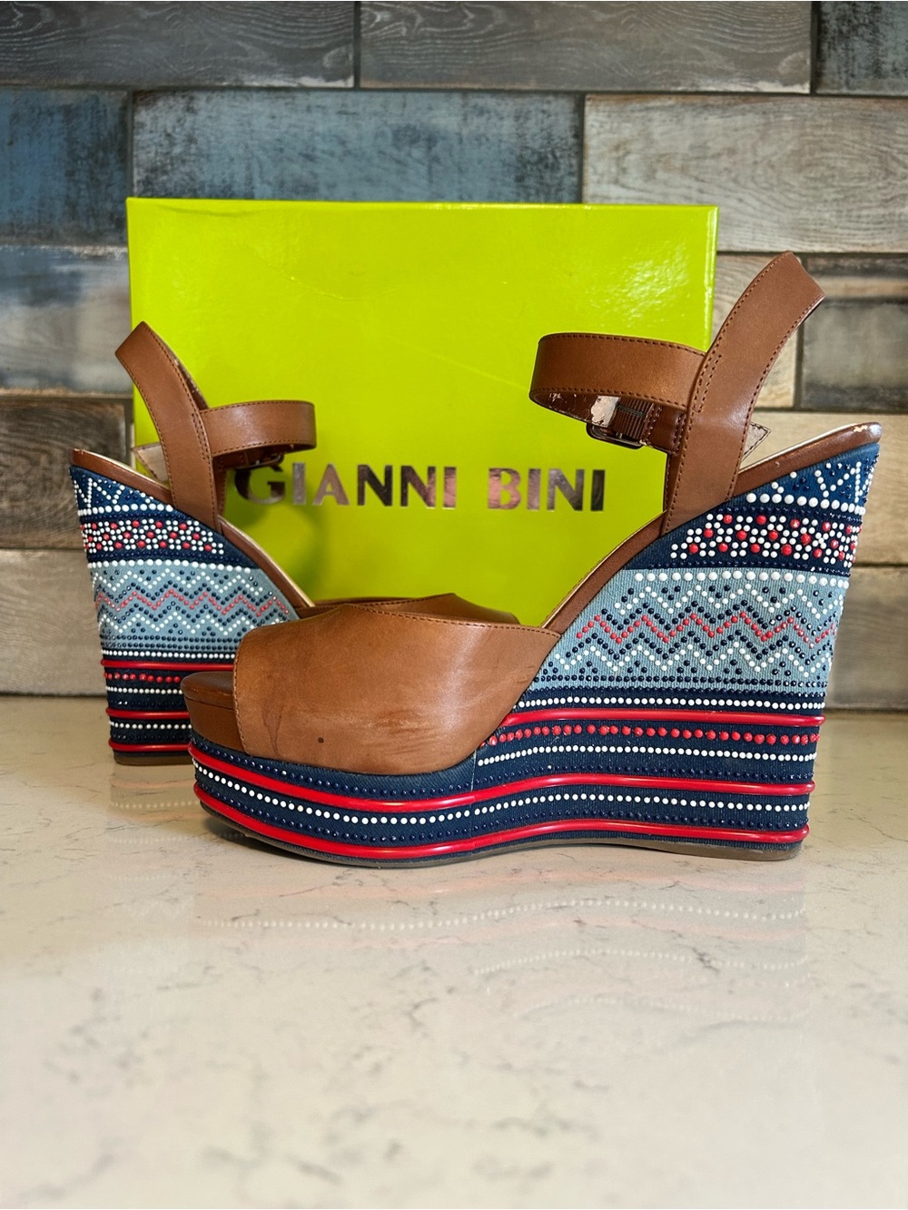 Gianni Bini Tama Hampton Tan Leather Platform Wedge Sandals - Picture 3 of 15